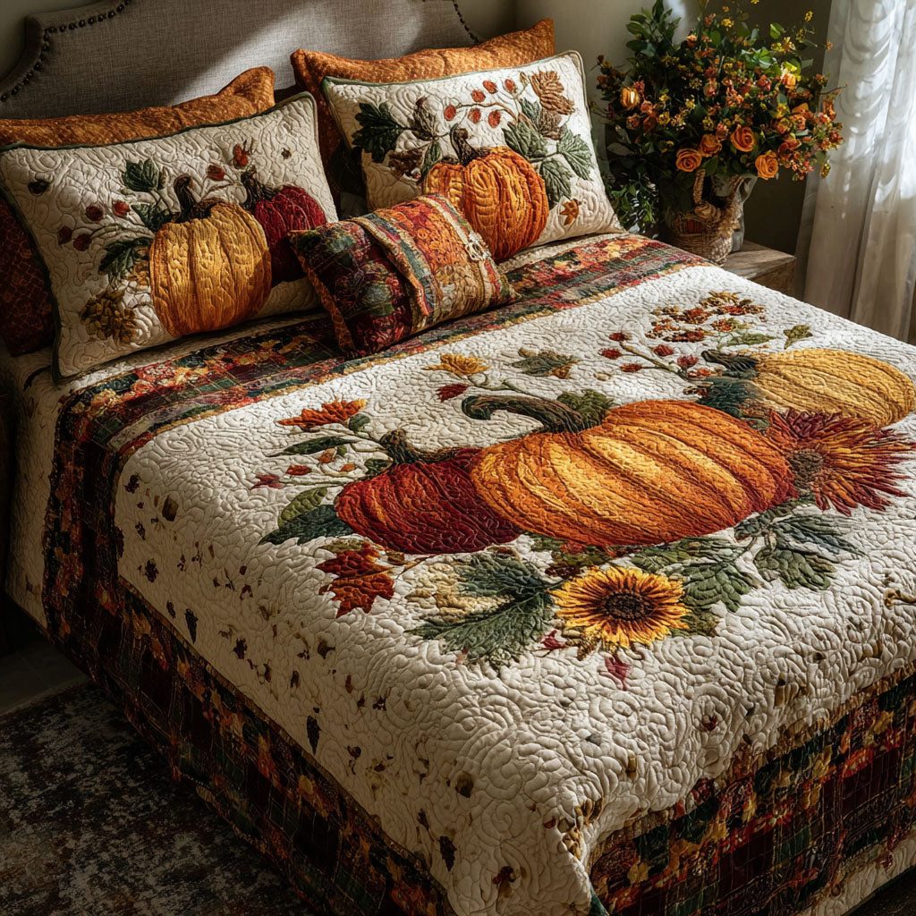 Pumpkin Harvest Time quilted 3-piece bedding set on a made bed against a dark styled interior