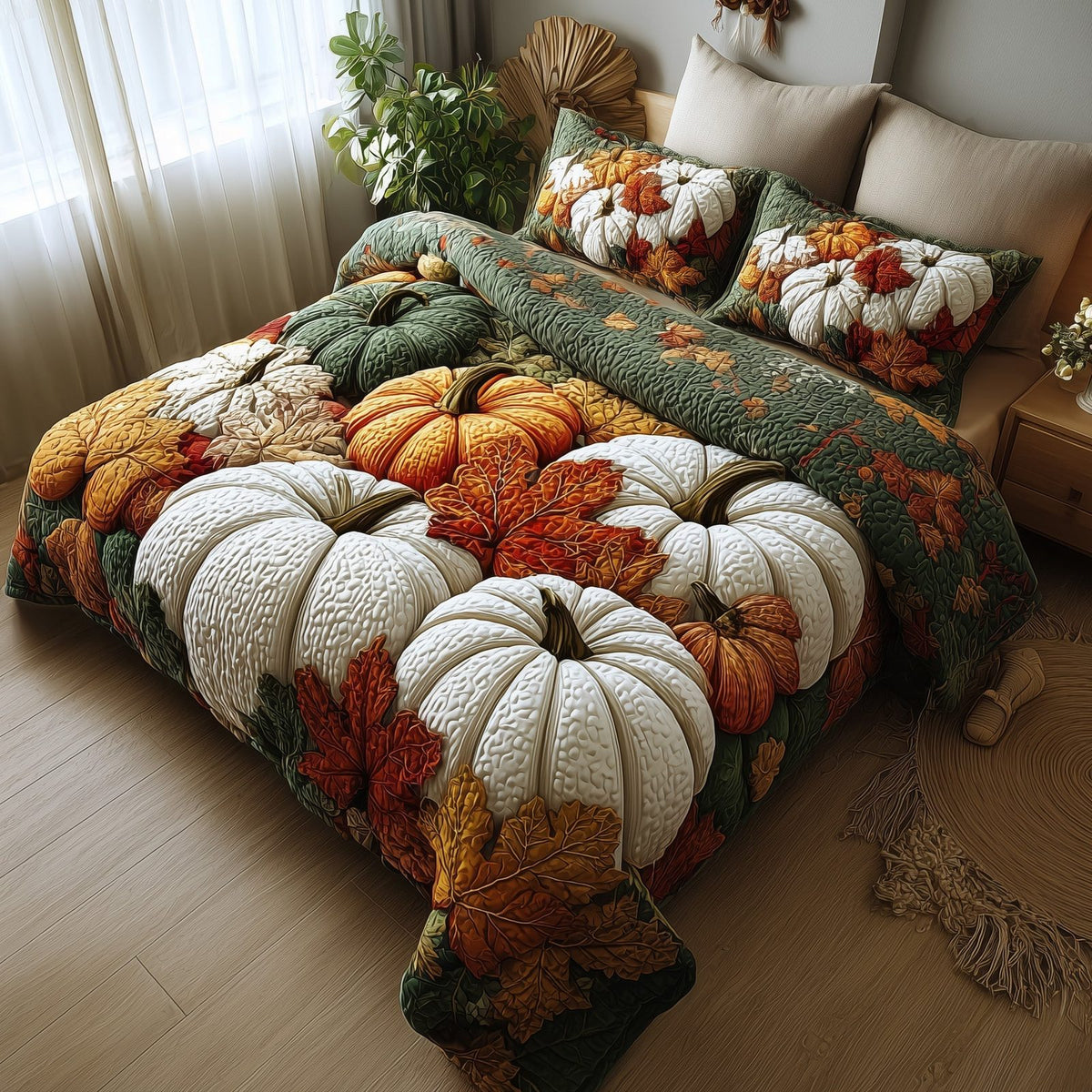Pumpkin Haven quilted 3-piece bedding set on a made bed against a dark styled interior