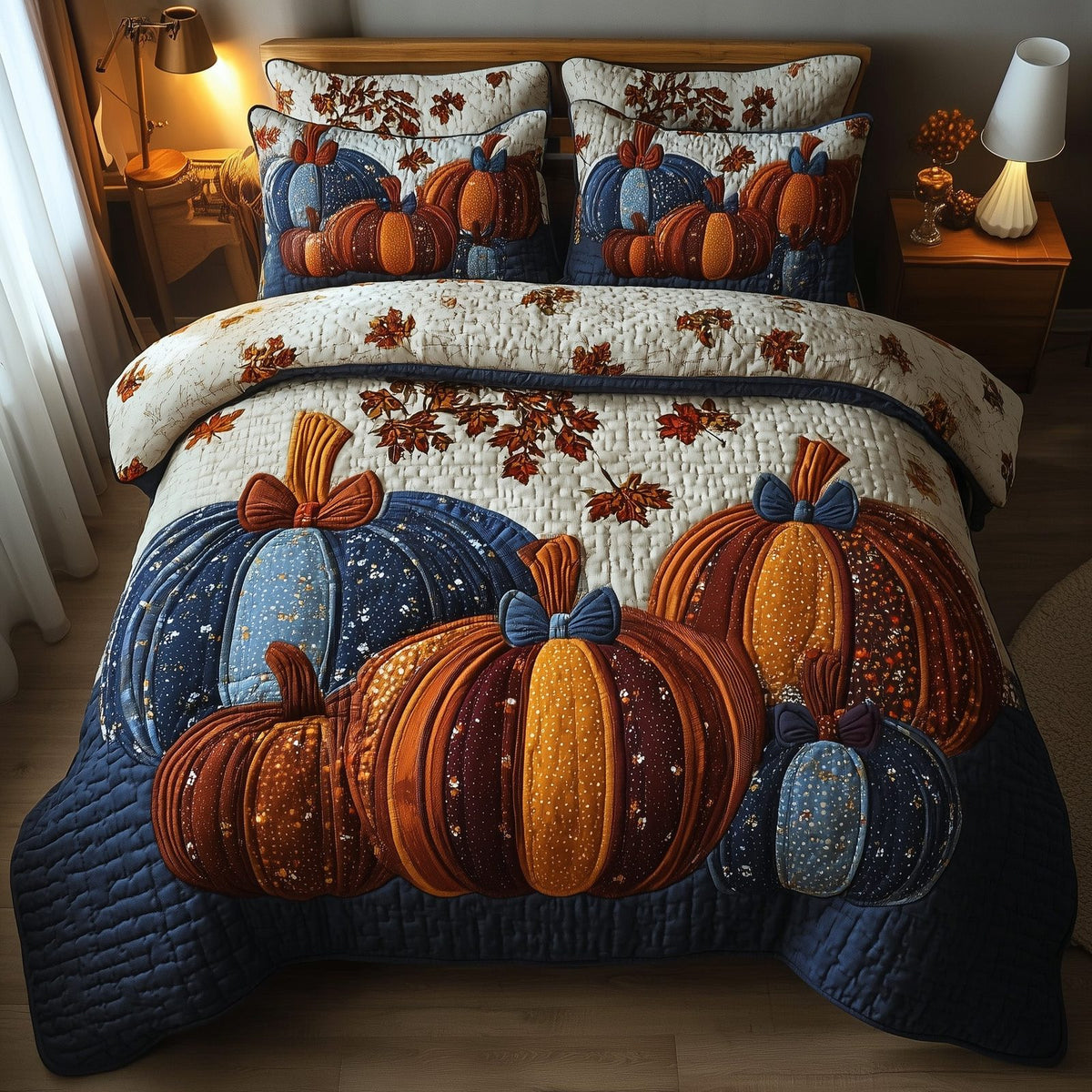 Pumpkin Haven quilted 3-piece bedding set on a made bed against a dark styled interior