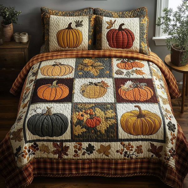 Pumpkin Heaven quilted 3-piece bedding set on a made bed against a dark styled interior