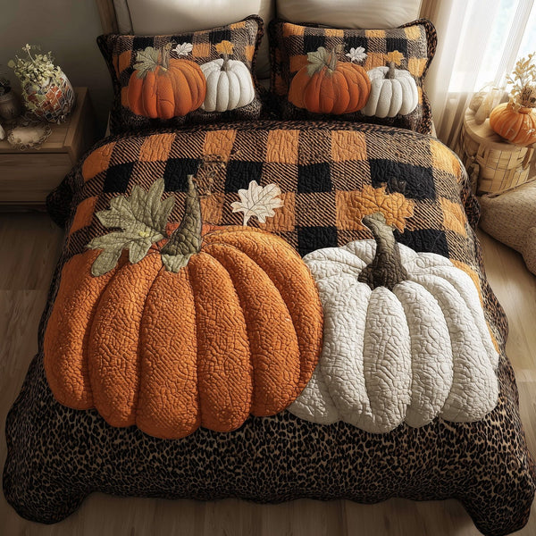 Pumpkin Heaven quilted 3-piece bedding set on a made bed against a dark styled interior