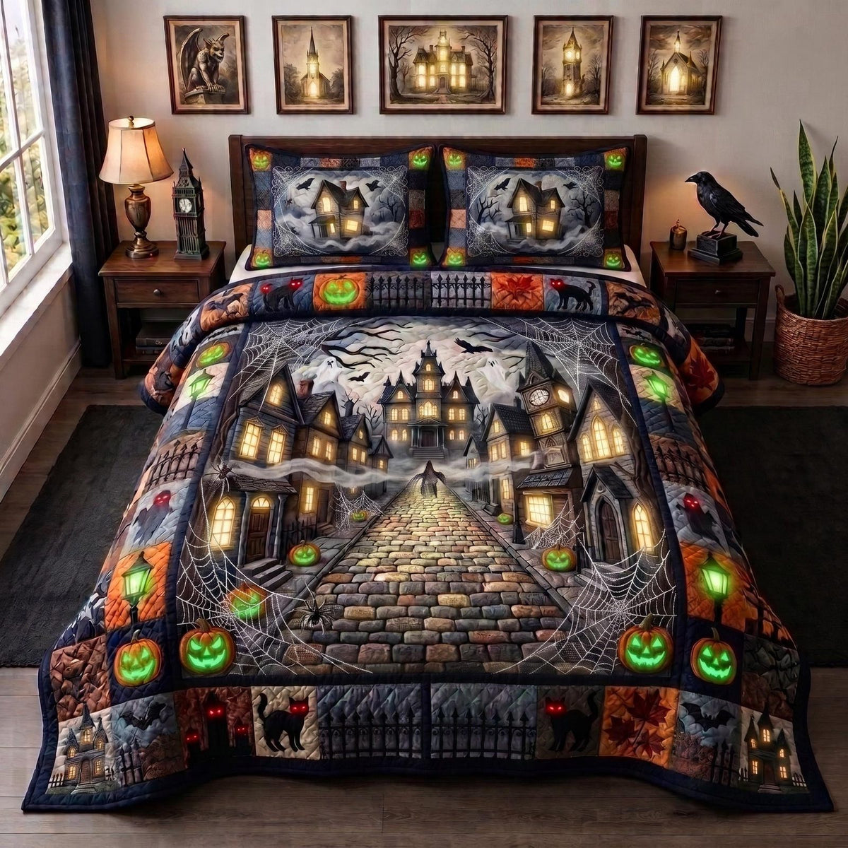 Pumpkin Hollow quilted 3-piece bedding set on a made bed against a dark styled interior