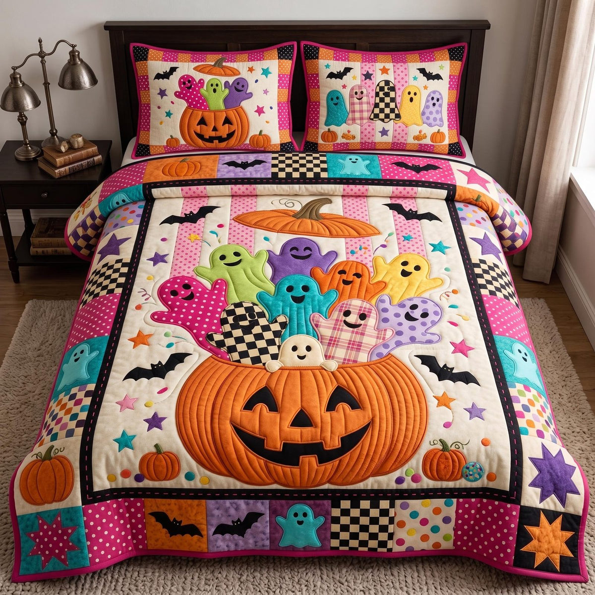 Pumpkin Party quilted 3-piece bedding set on a made bed against a dark styled interior