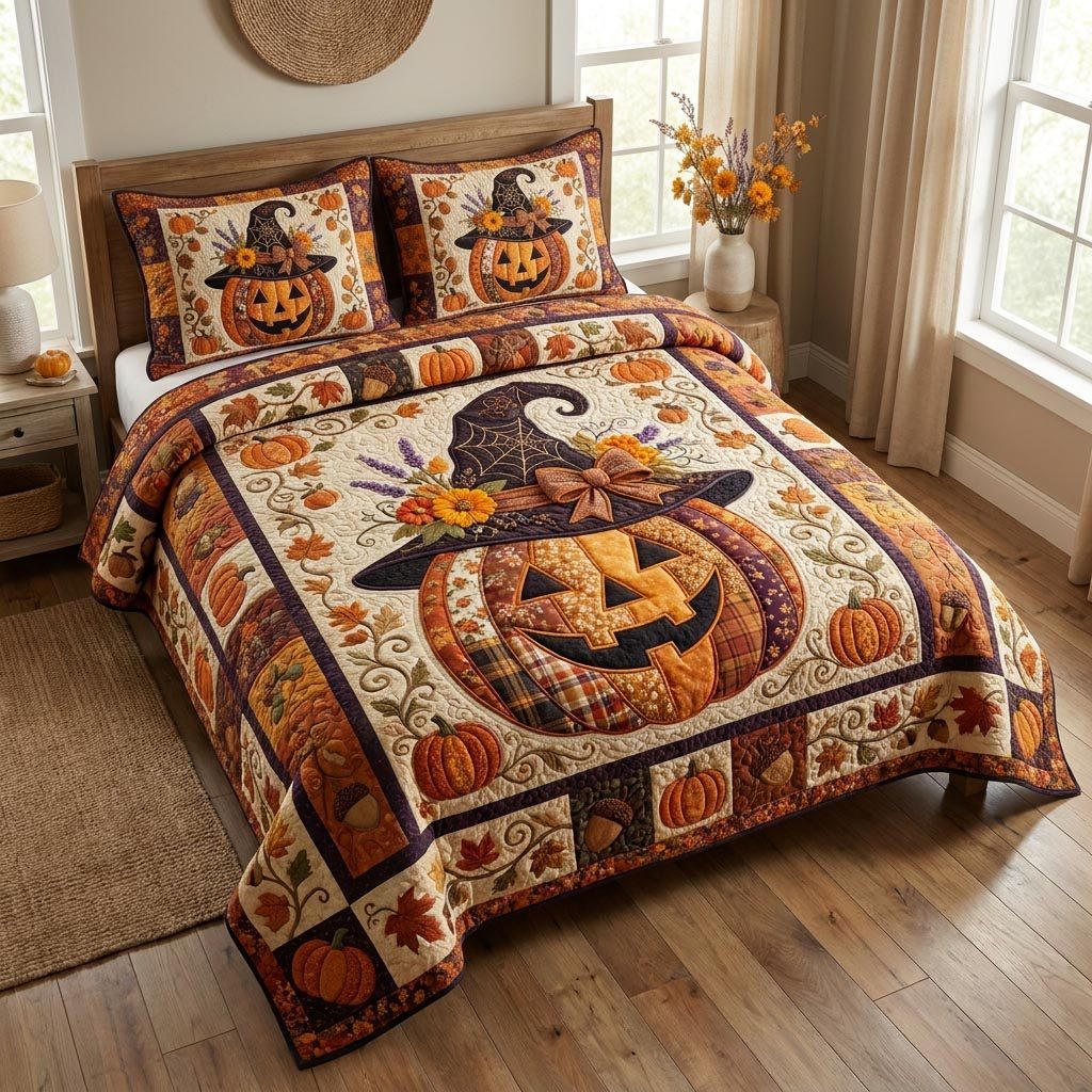 Pumpkin Patch quilted 3-piece bedding set on a made bed against a dark styled interior