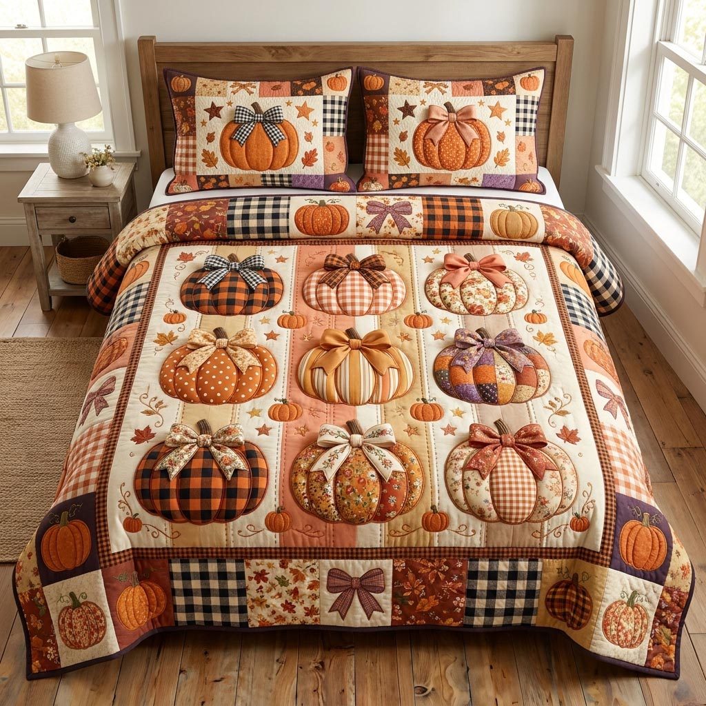 Pumpkin Patch quilted 3-piece bedding set on a made bed against a dark styled interior
