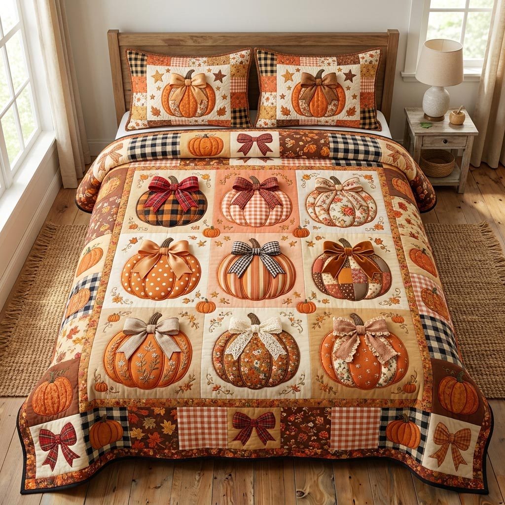 Pumpkin Patch quilted 3-piece bedding set on a made bed against a dark styled interior