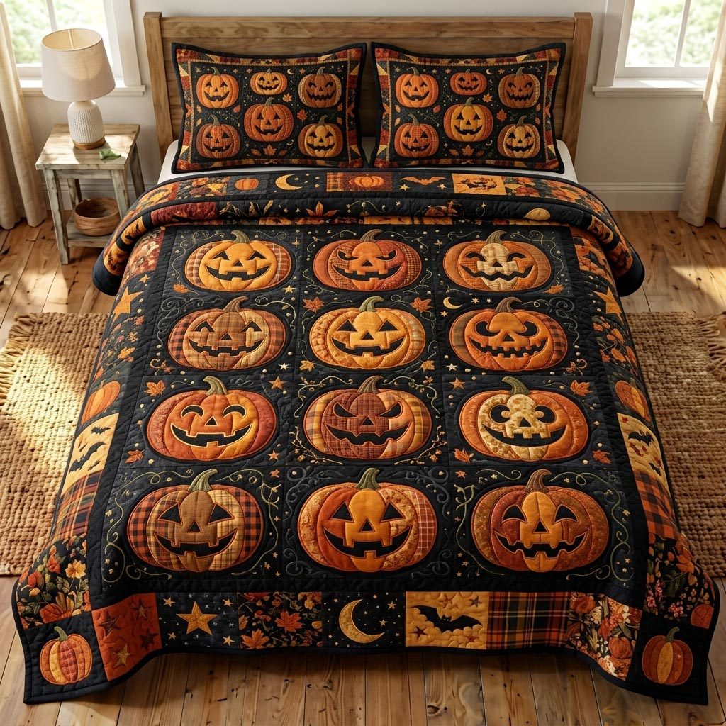 Pumpkin Patch quilted 3-piece bedding set on a made bed against a dark styled interior