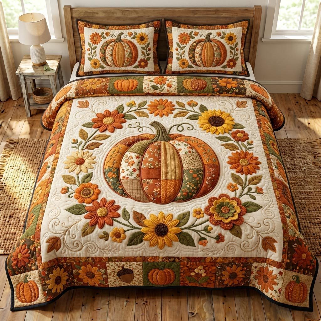 Pumpkin Patch quilted 3-piece bedding set on a made bed against a dark styled interior