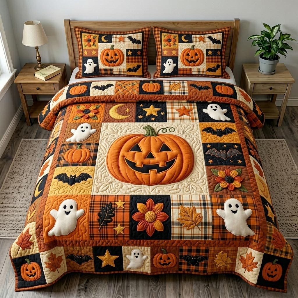 Pumpkin Patch quilted 3-piece bedding set on a made bed against a dark styled interior