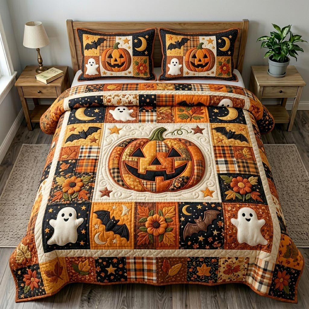 Pumpkin Patch quilted 3-piece bedding set on a made bed against a dark styled interior