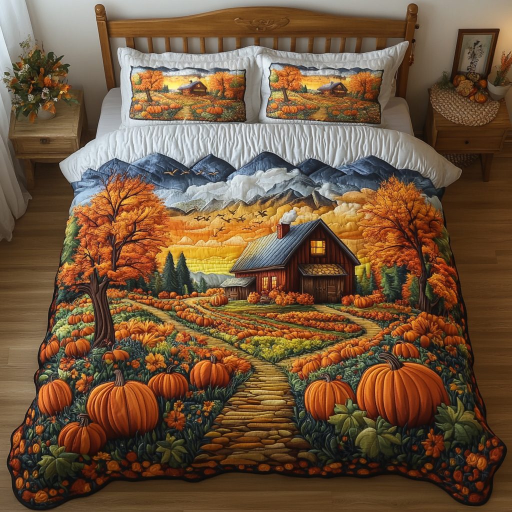 Pumpkin Path quilted 3-piece bedding set on a made bed against a dark styled interior
