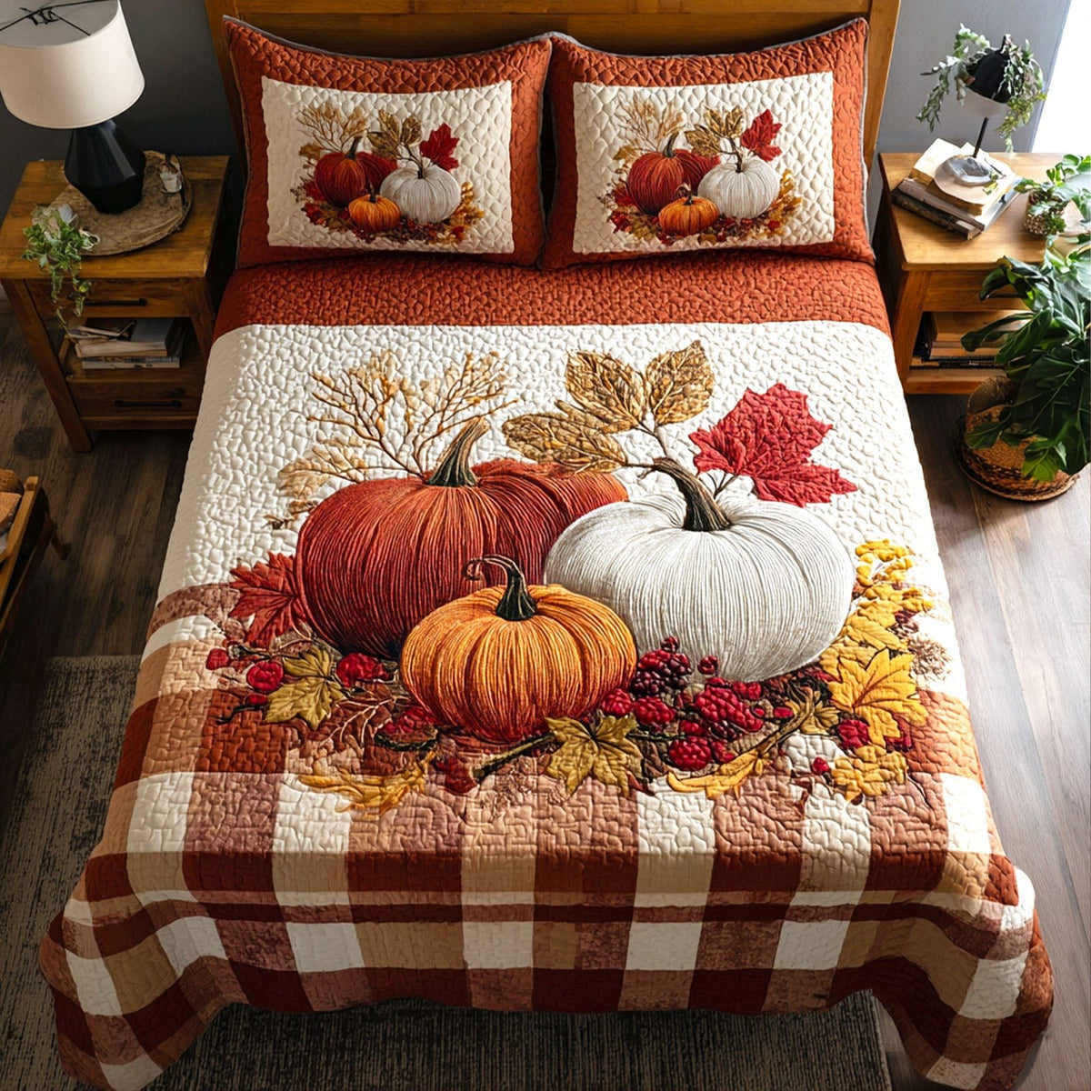 Pumpkin Plaid quilted 3-piece bedding set on a made bed against a dark styled interior