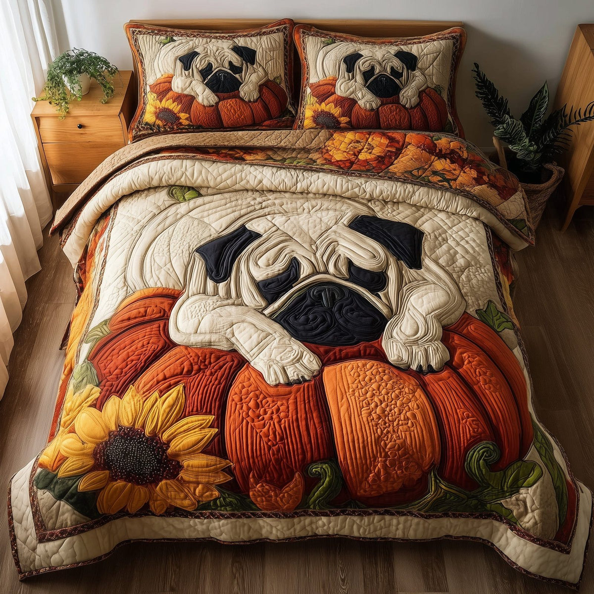 Pumpkin Pug quilted 3-piece bedding set on a made bed against a dark styled interior