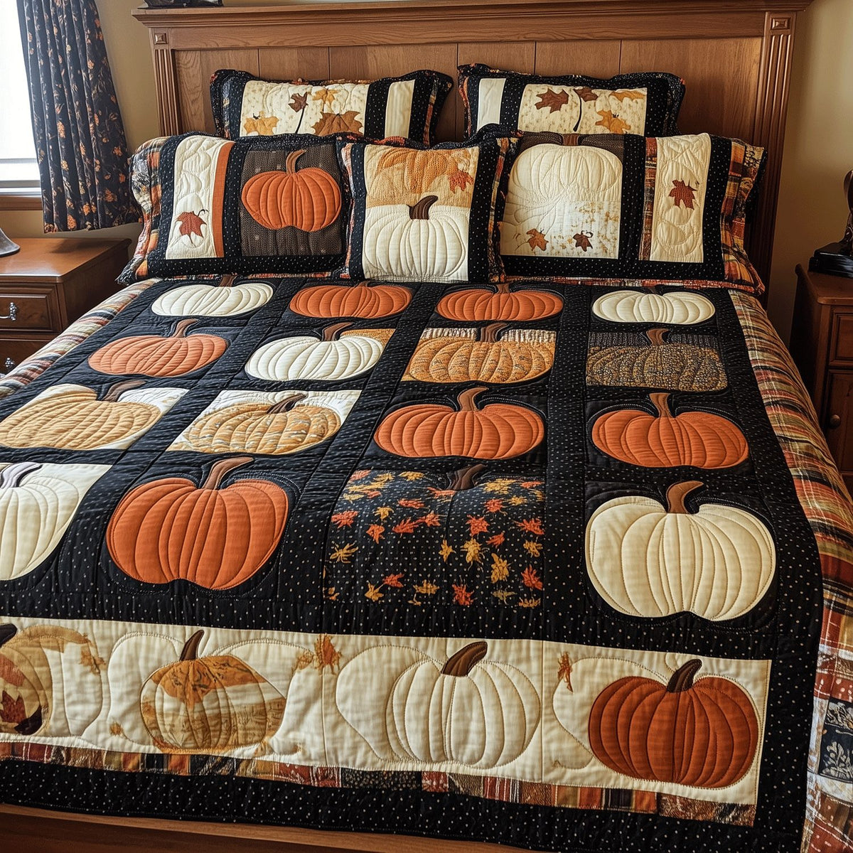 Pumpkin Row quilted 3-piece bedding set on a made bed against a dark styled interior