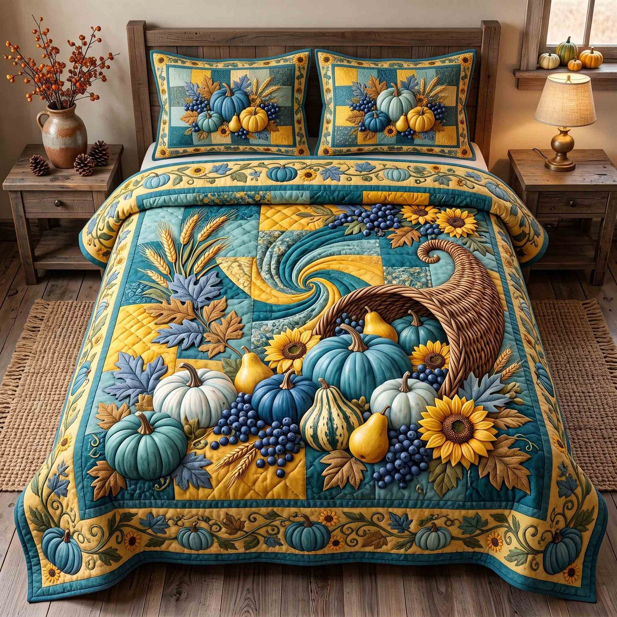 Pumpkin Season quilted 3-piece bedding set on a made bed against a dark styled interior