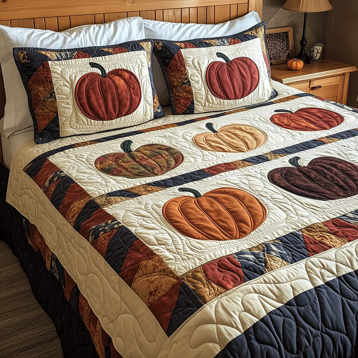 Pumpkin Spice quilted 3-piece bedding set on a made bed against a dark styled interior