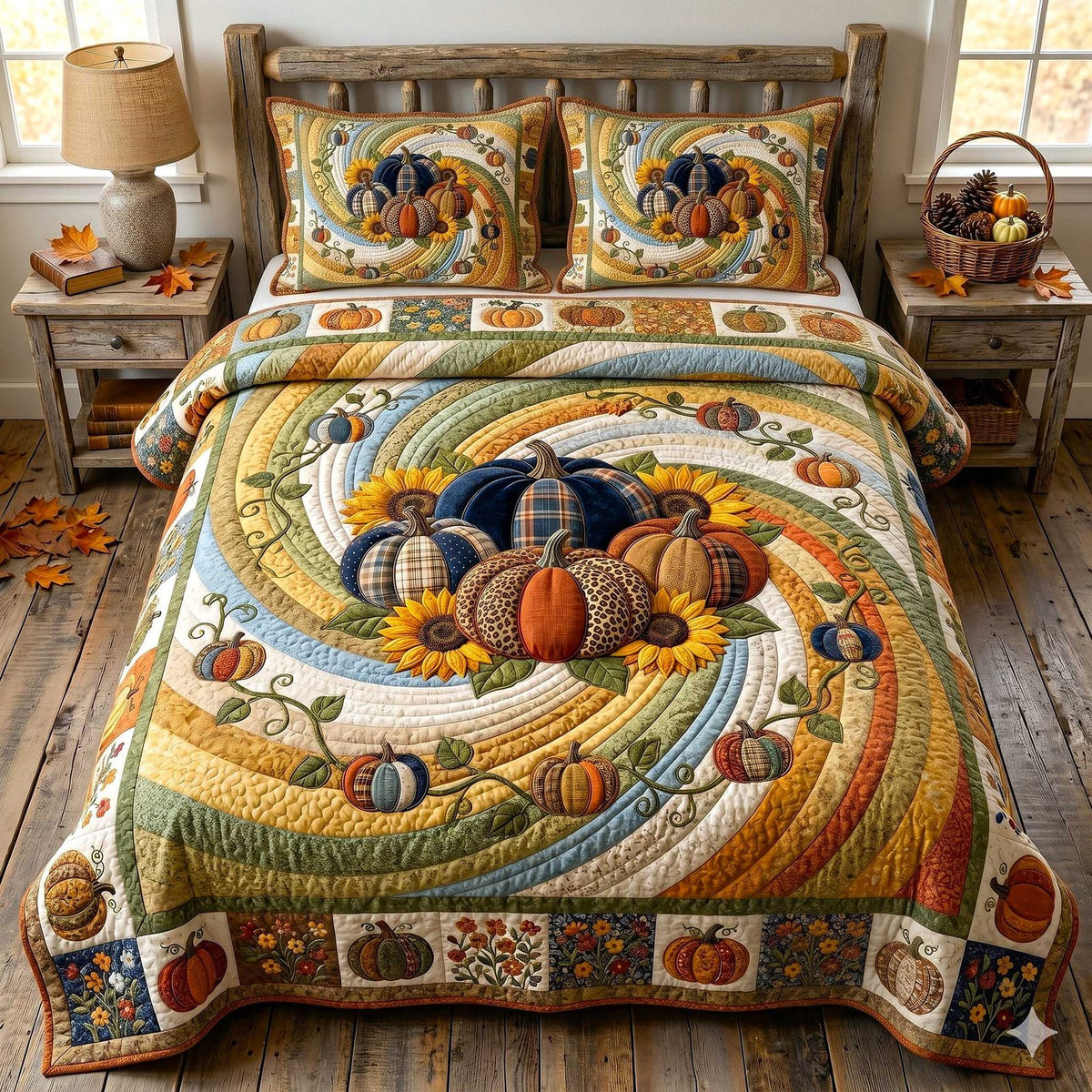 Pumpkin Swirls quilted 3-piece bedding set on a made bed against a dark styled interior