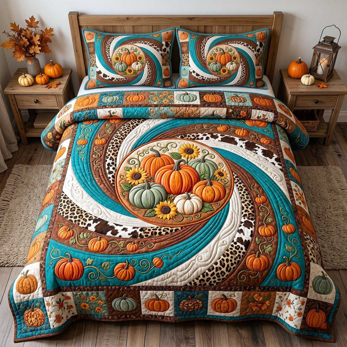 Pumpkin Swirls quilted 3-piece bedding set on a made bed against a dark styled interior