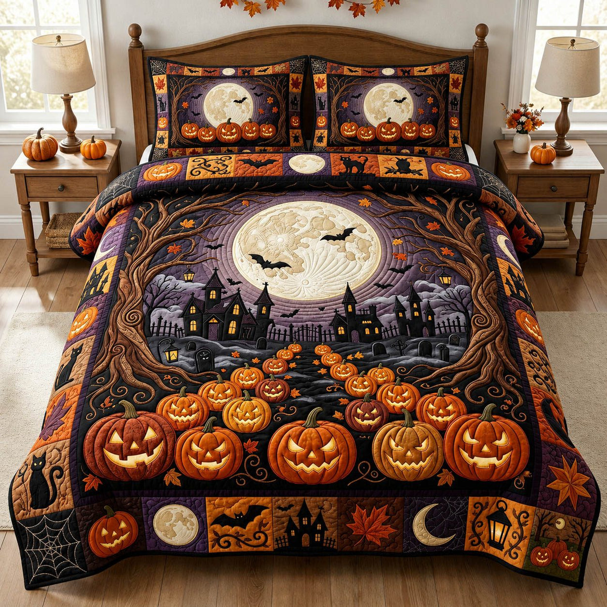 Pumpkin Town Moonlight quilted 3-piece bedding set on a made bed against a dark styled interior