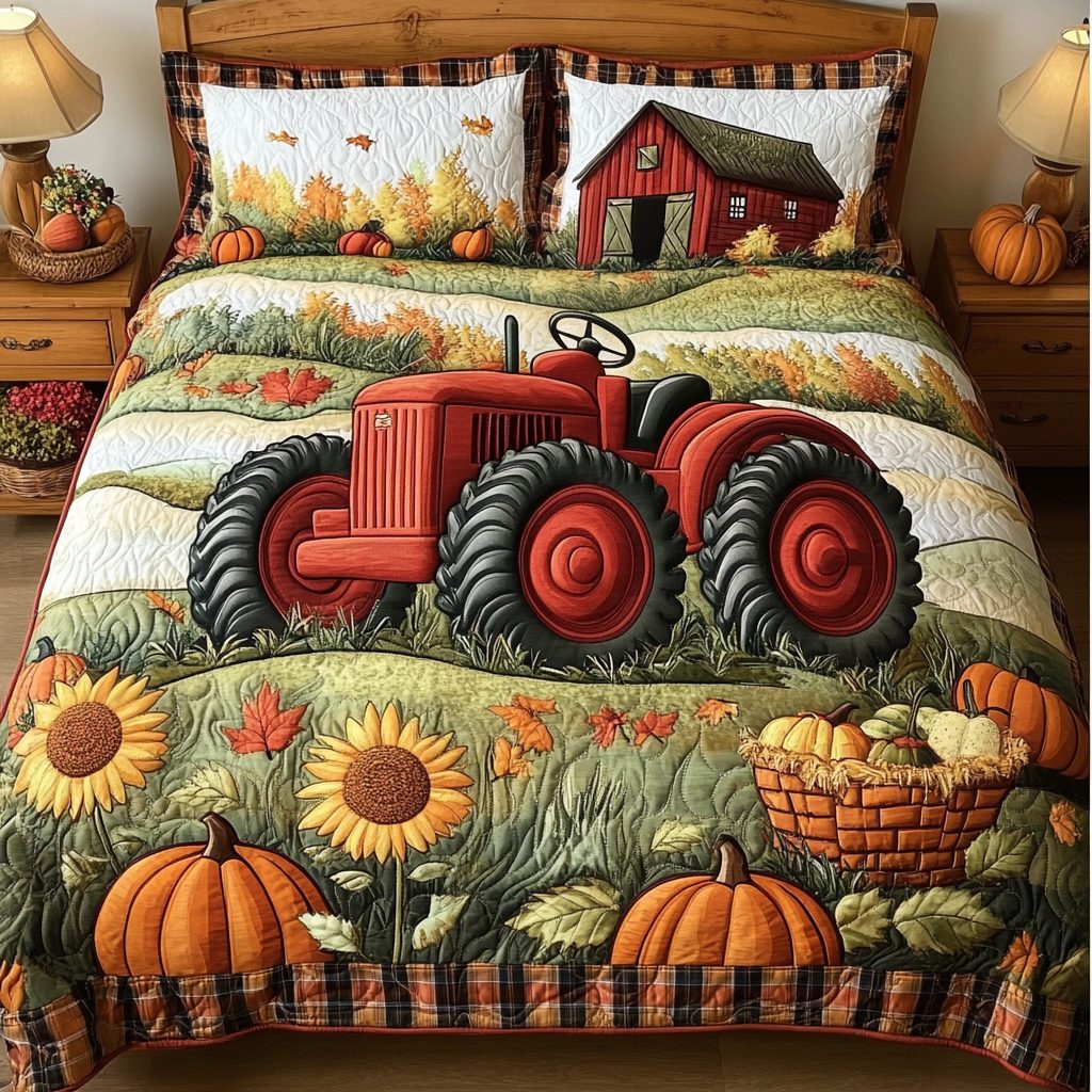 Pumpkin Tractor quilted 3-piece bedding set on a made bed against a dark styled interior
