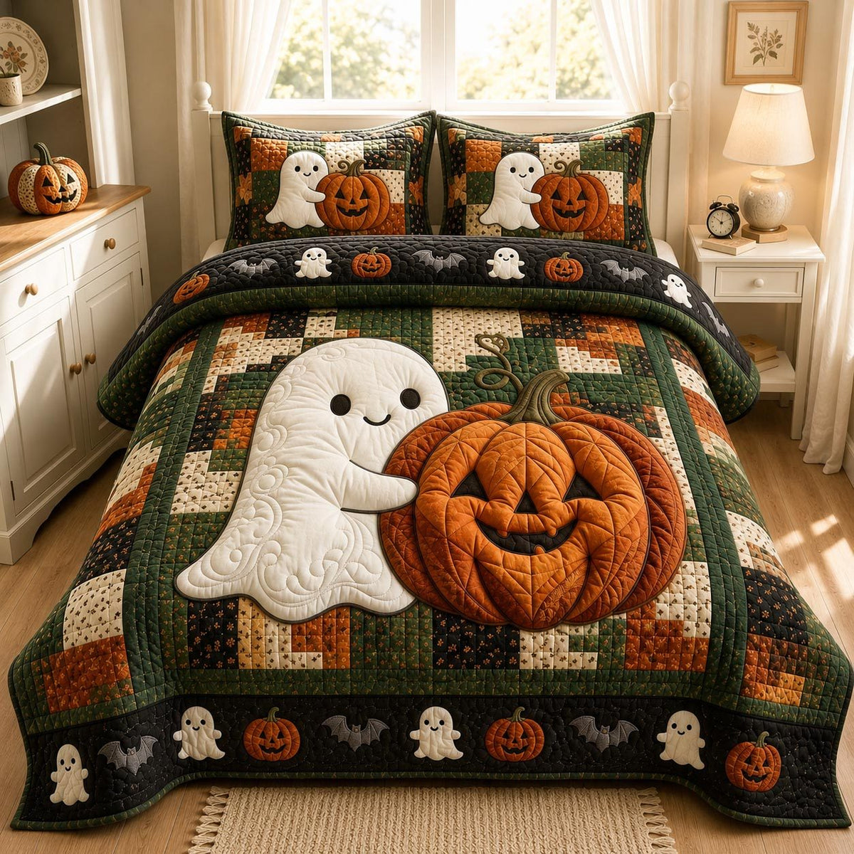 Pumpkin Whimsy quilted 3-piece bedding set on a made bed against a dark styled interior