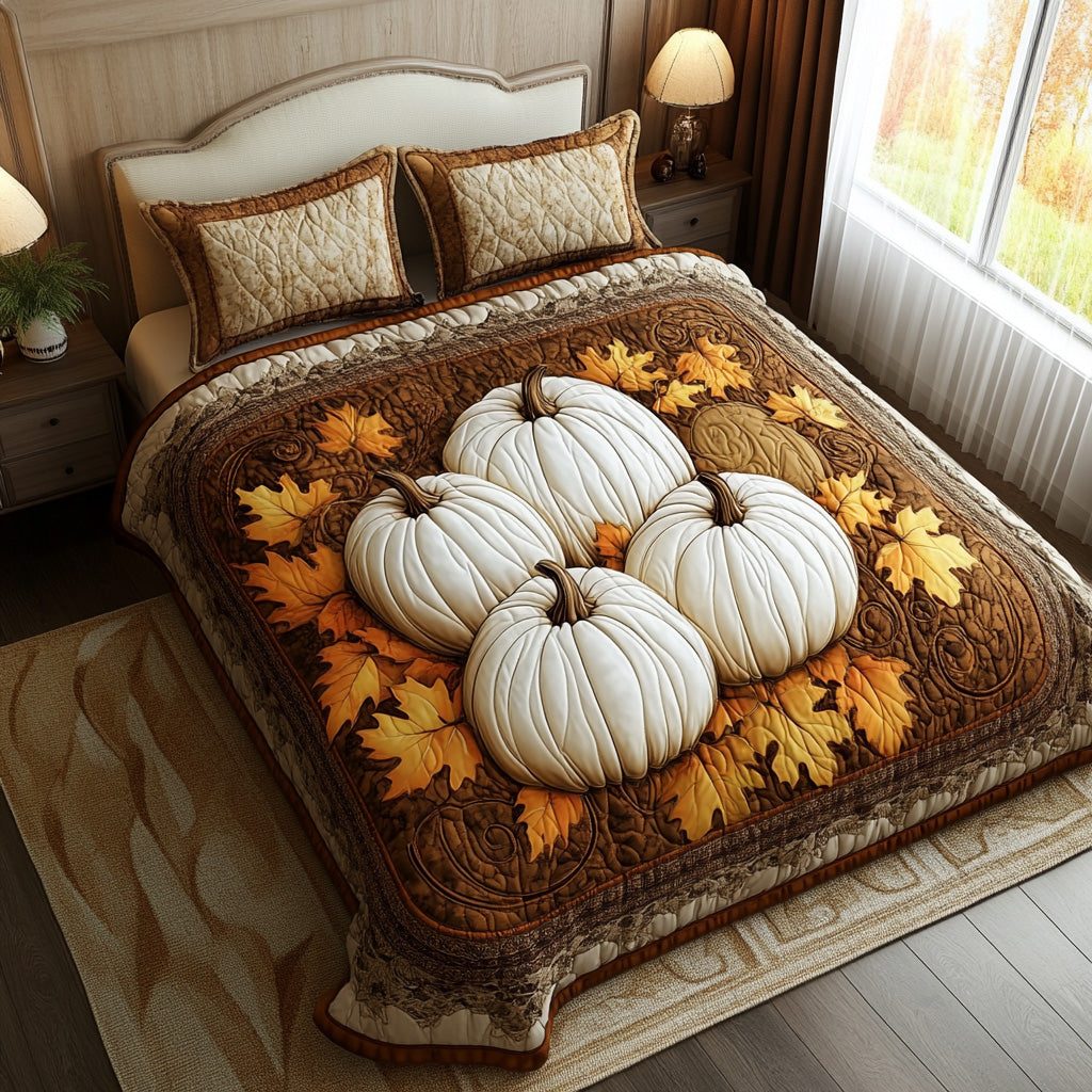 Pumpkin Whispers quilted 3-piece bedding set on a made bed against a dark styled interior