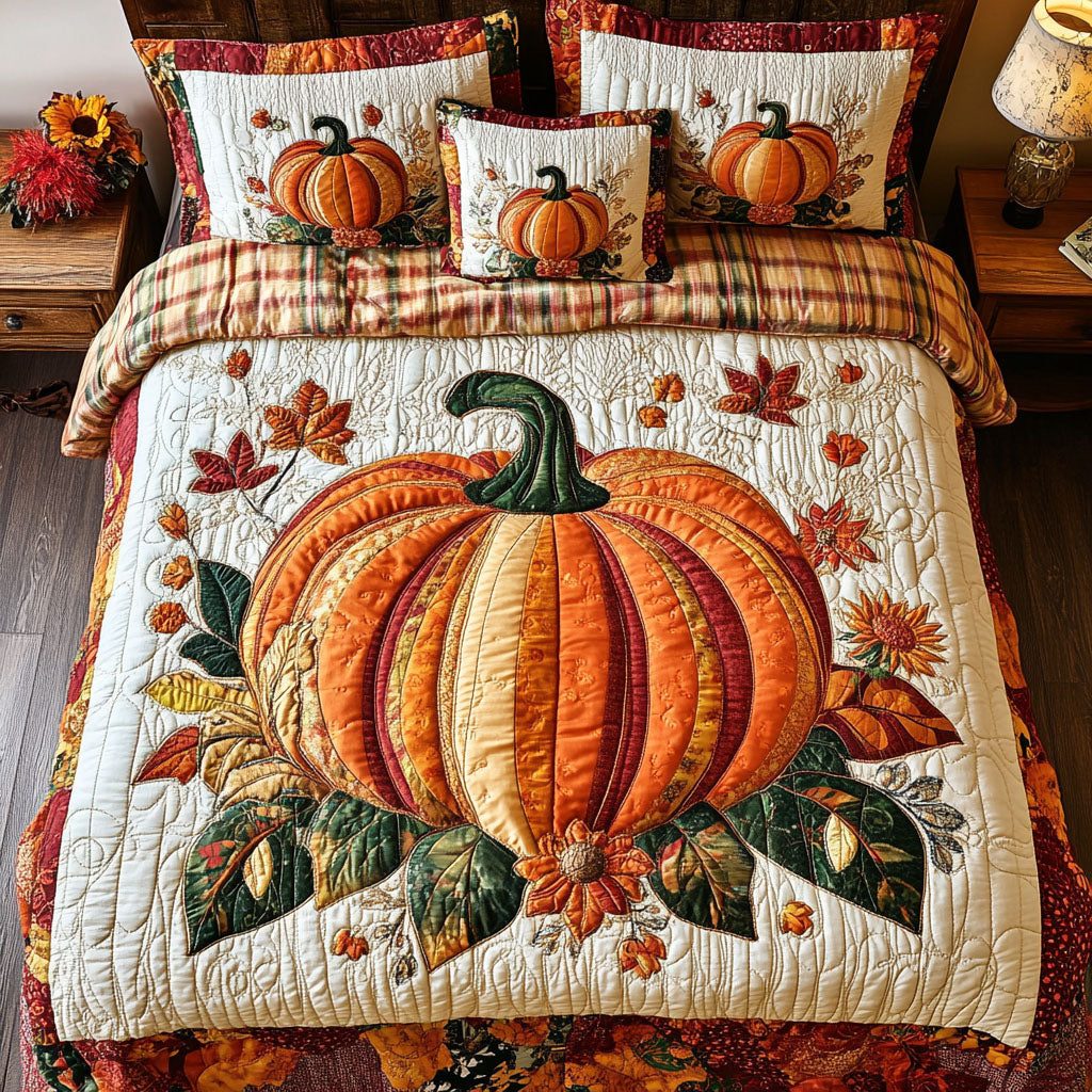 Pumpkin Whispers quilted 3-piece bedding set on a made bed against a dark styled interior