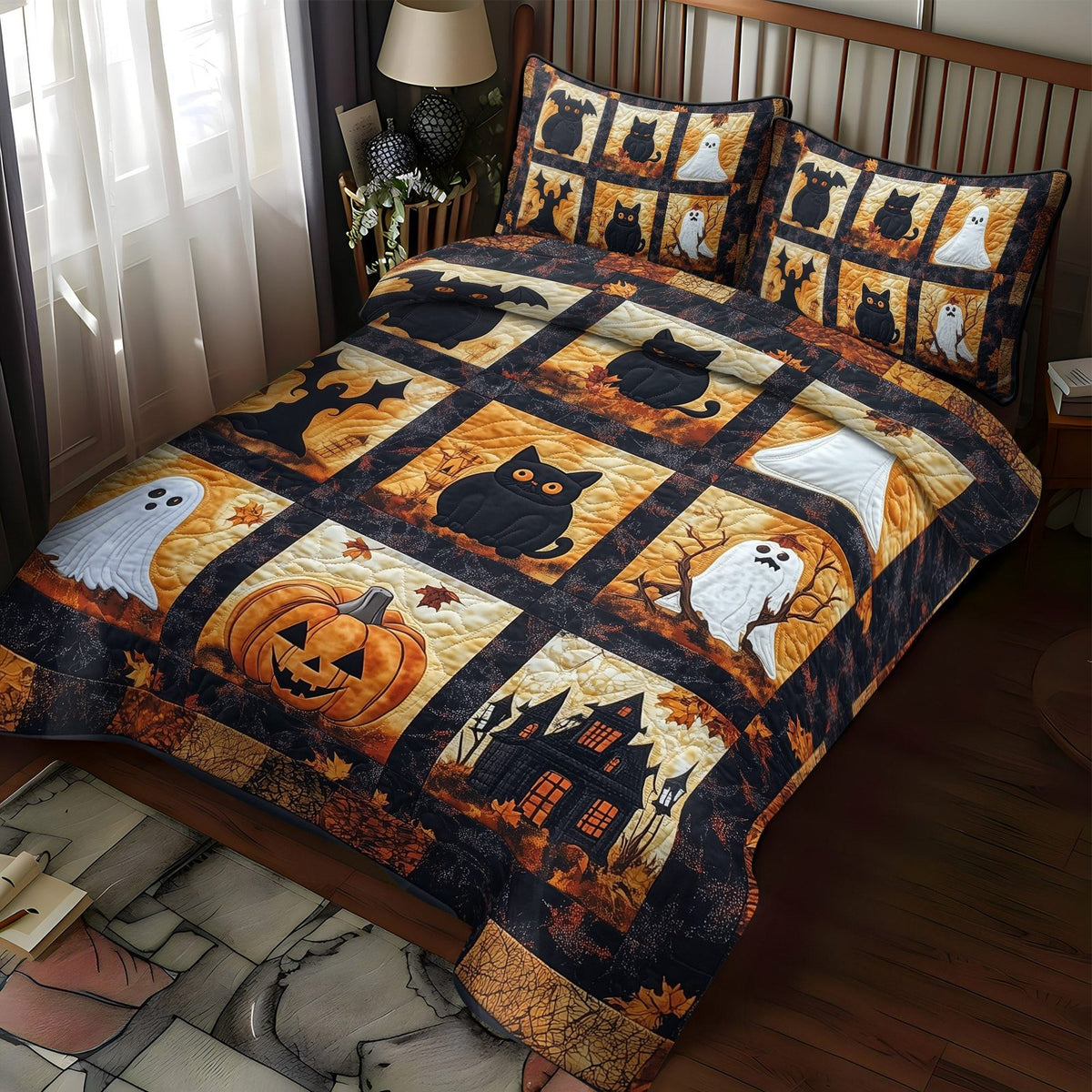 Pumpkins and Phantoms quilted 3-piece bedding set on a made bed against a dark styled interior