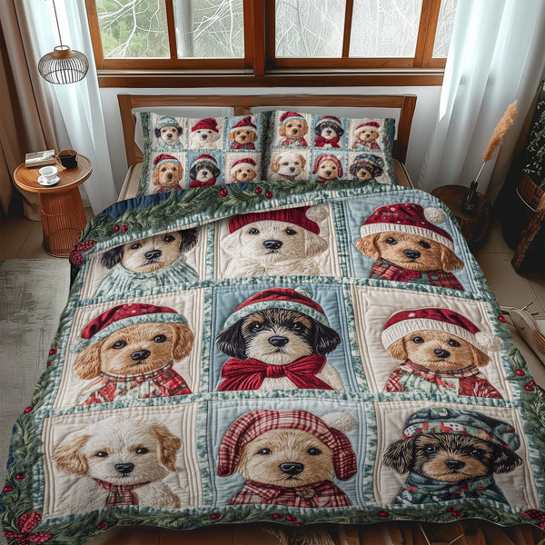 Puppy Christmas Magic quilted 3-piece bedding set on a made bed in a winter-styled bedroom