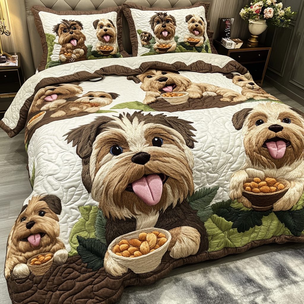 Puppy Dreams quilted 3-piece bedding set on a made bed with two matching pillow shams
