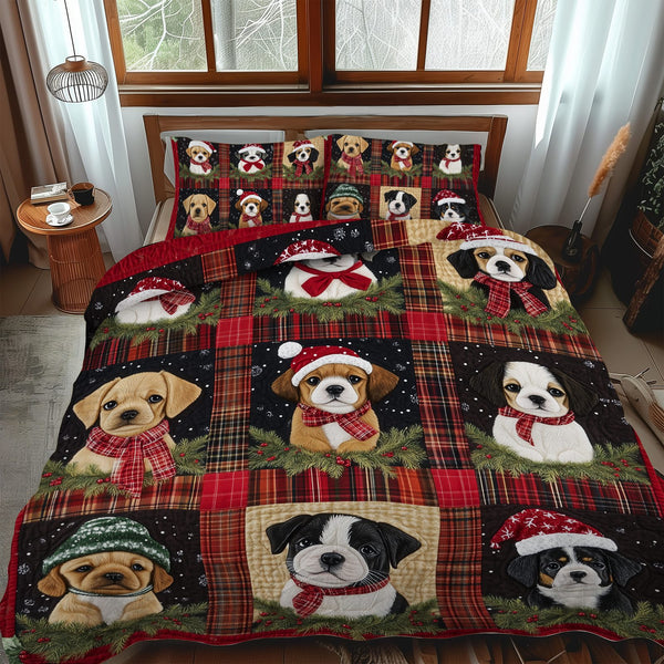 Puppy Holiday Delight quilted 3-piece bedding set on a made bed in a winter-styled bedroom