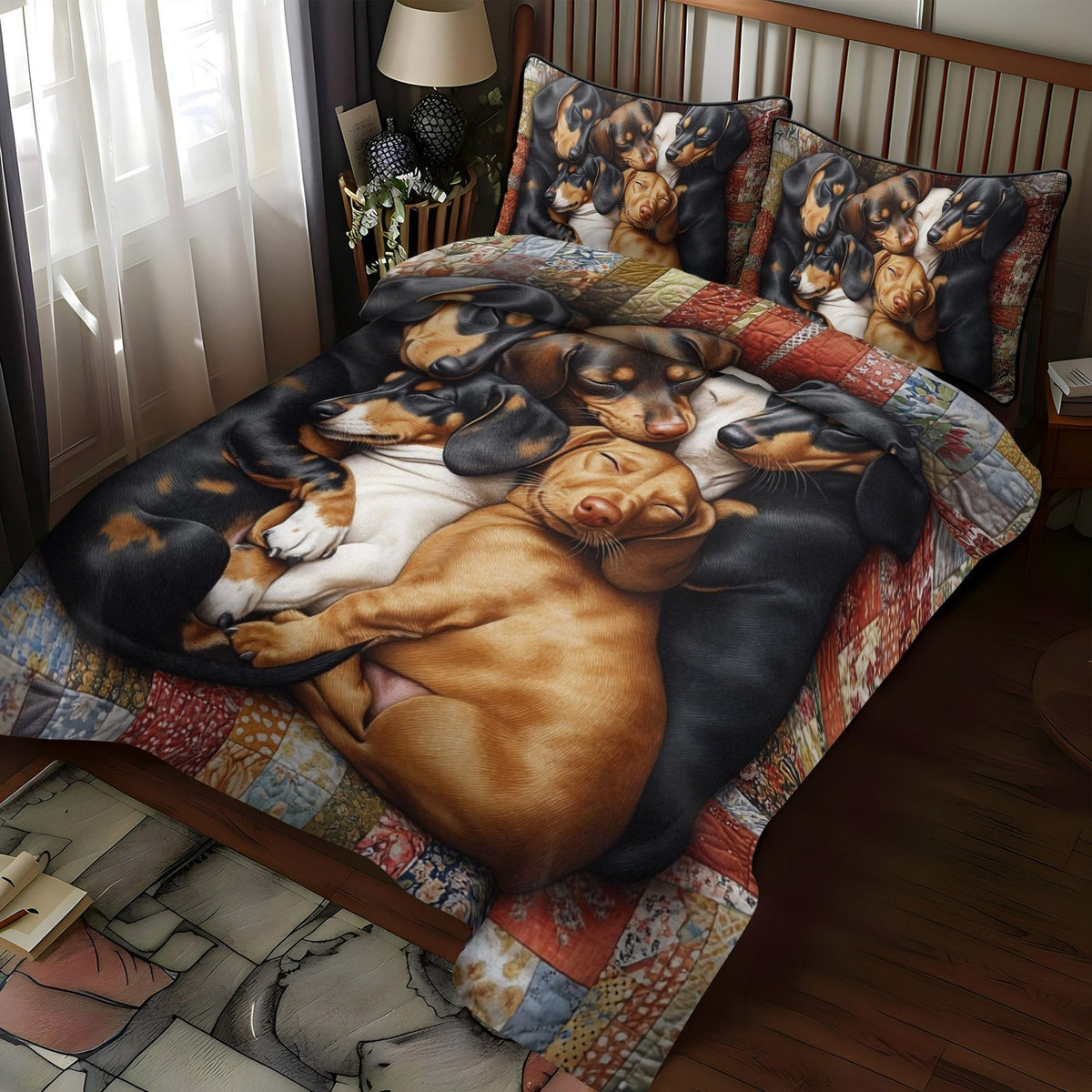 Puppy Pile quilted 3-piece bedding set on a made bed with two matching pillow shams