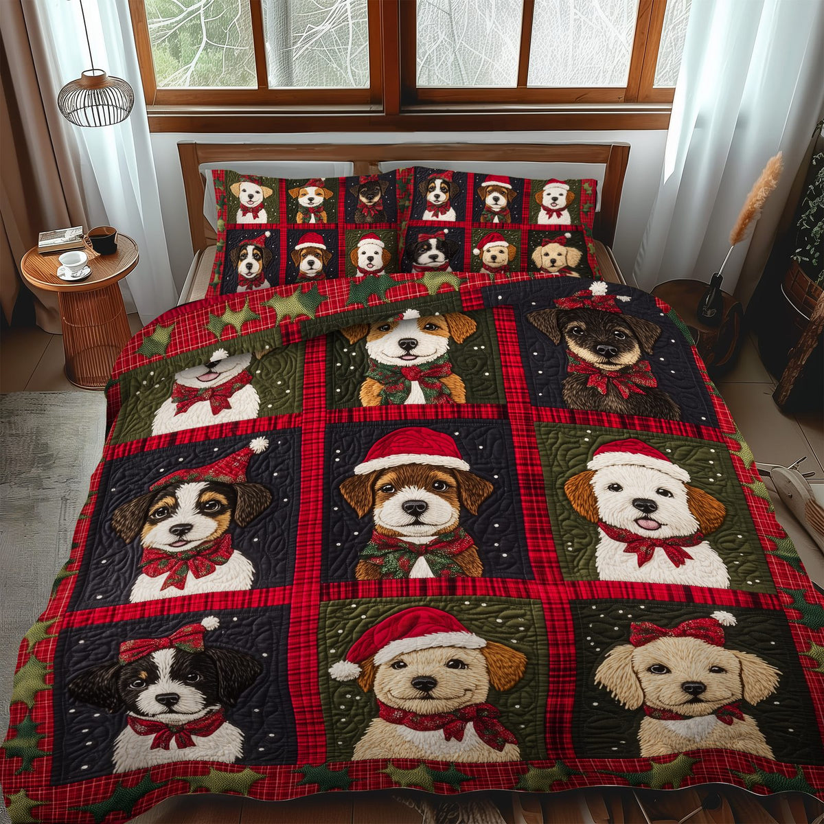 Puppy Winter Dreams quilted 3-piece bedding set on a made bed in a winter-styled bedroom