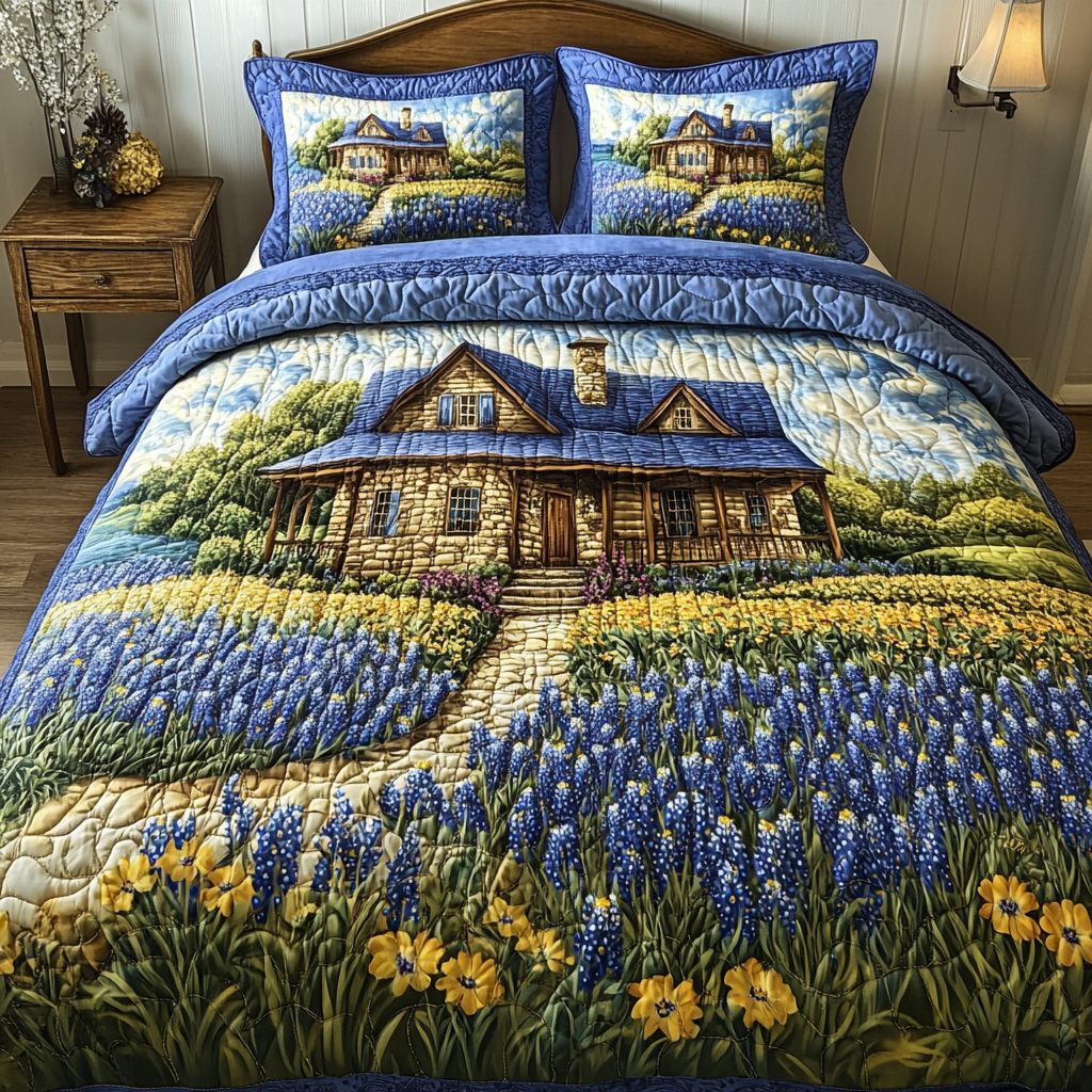 Pure Bluebonnet quilted 3-piece bedding set on a made bed with two matching pillow shams