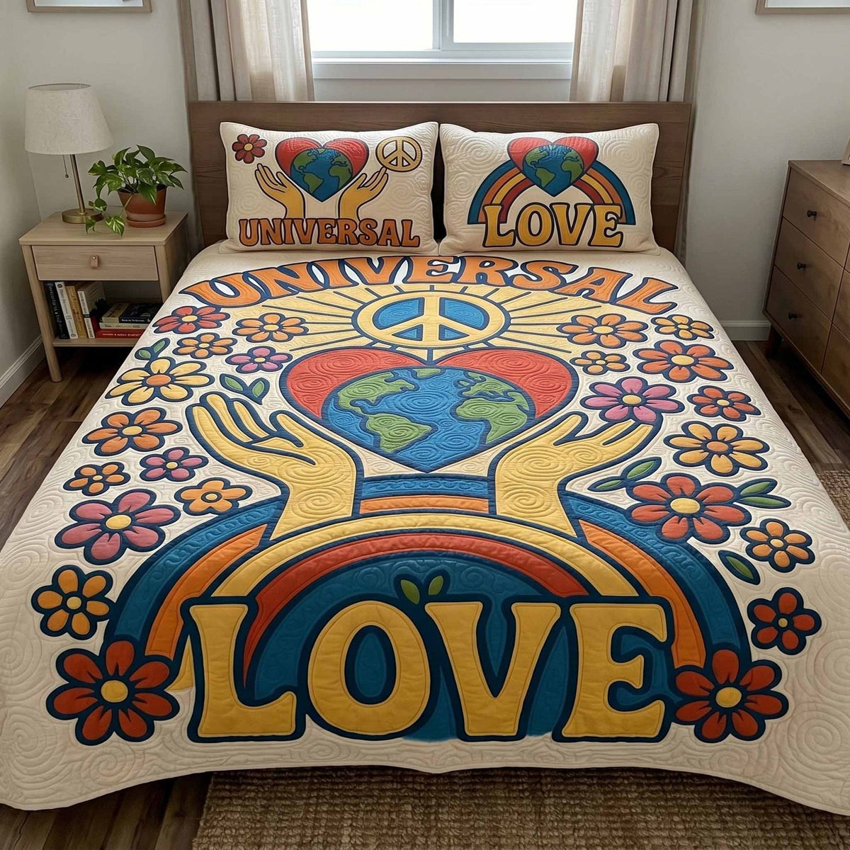 Pure Love quilted 3-piece bedding set on a made bed with two matching pillow shams