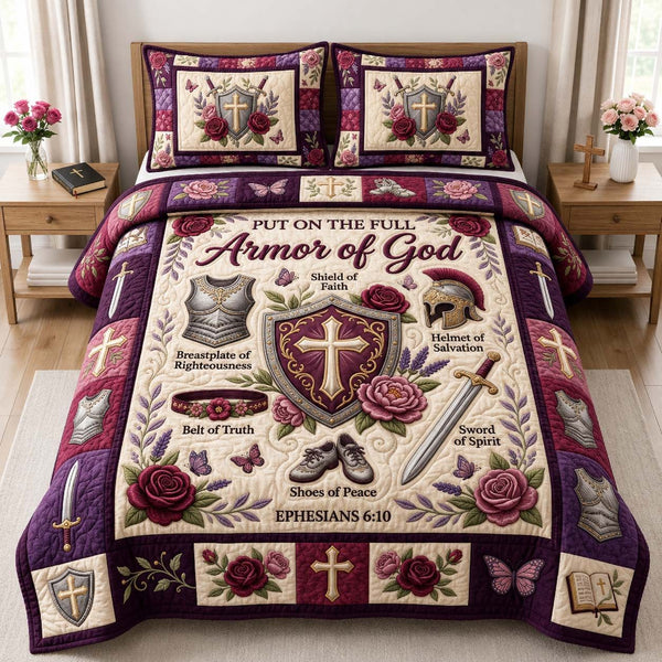 Purple Armor Prayer quilted 3-piece bedding set on a made bed in a softly lit bedroom