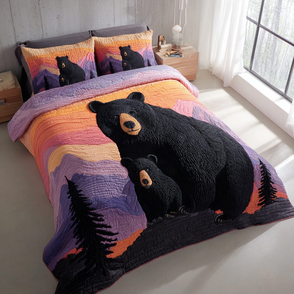 Purple Bear Ridge quilted 3-piece bedding set on a made bed with two matching pillow shams