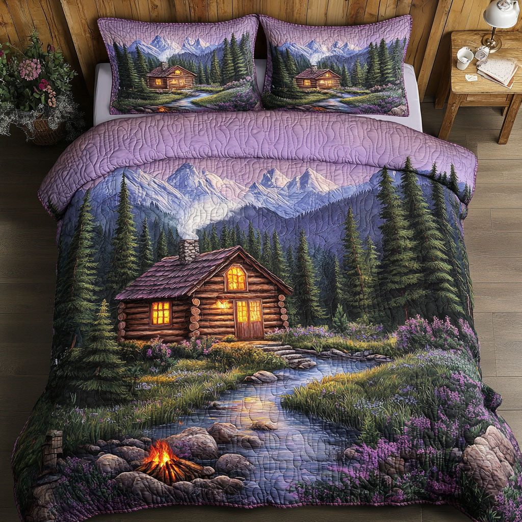 Purple Cabin Meadow quilted 3-piece bedding set on a made bed with two matching pillow shams