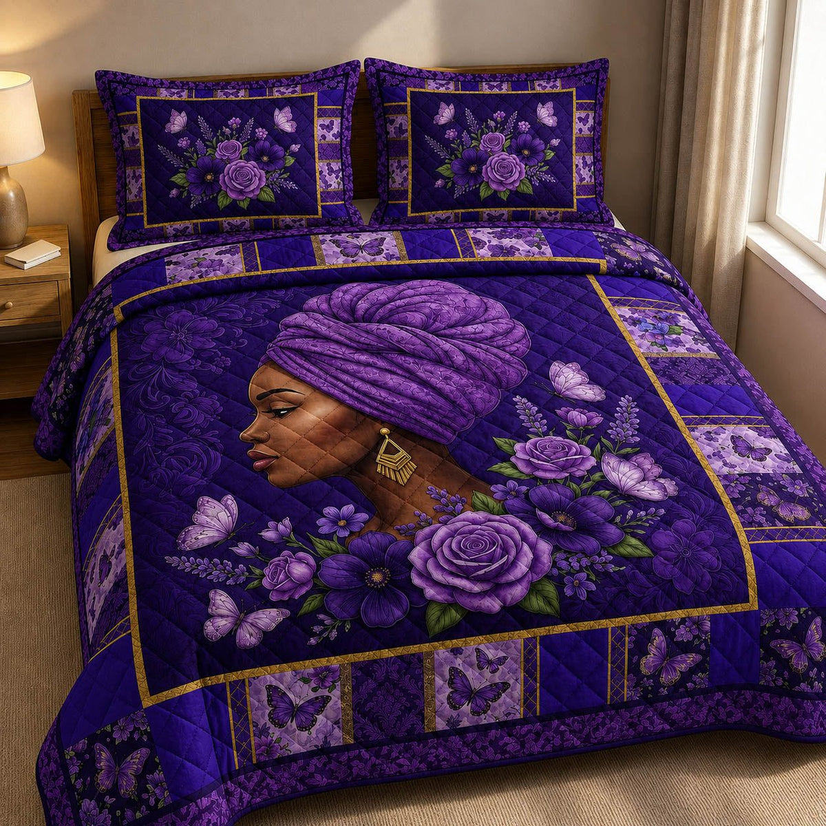 Purple Grace quilted 3-piece bedding set on a made bed with two matching pillow shams