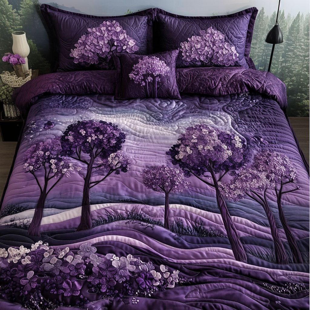 Purple Horizons quilted 3-piece bedding set on a made bed with two matching pillow shams