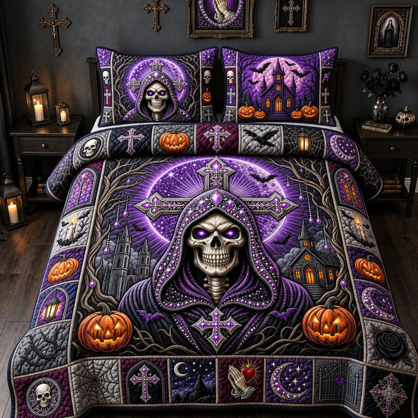 Purple Jeweled Skull quilted 3-piece bedding set on a made bed against a dark styled interior