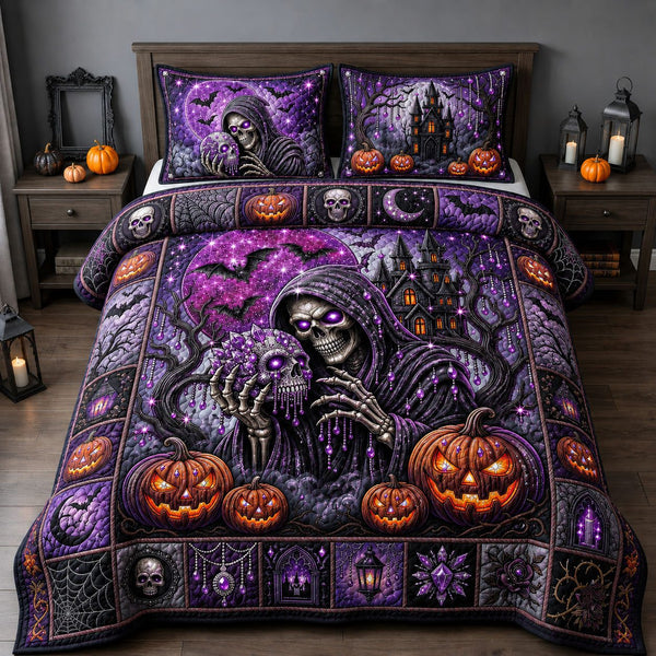 Purple Jeweled Skull quilted 3-piece bedding set on a made bed against a dark styled interior