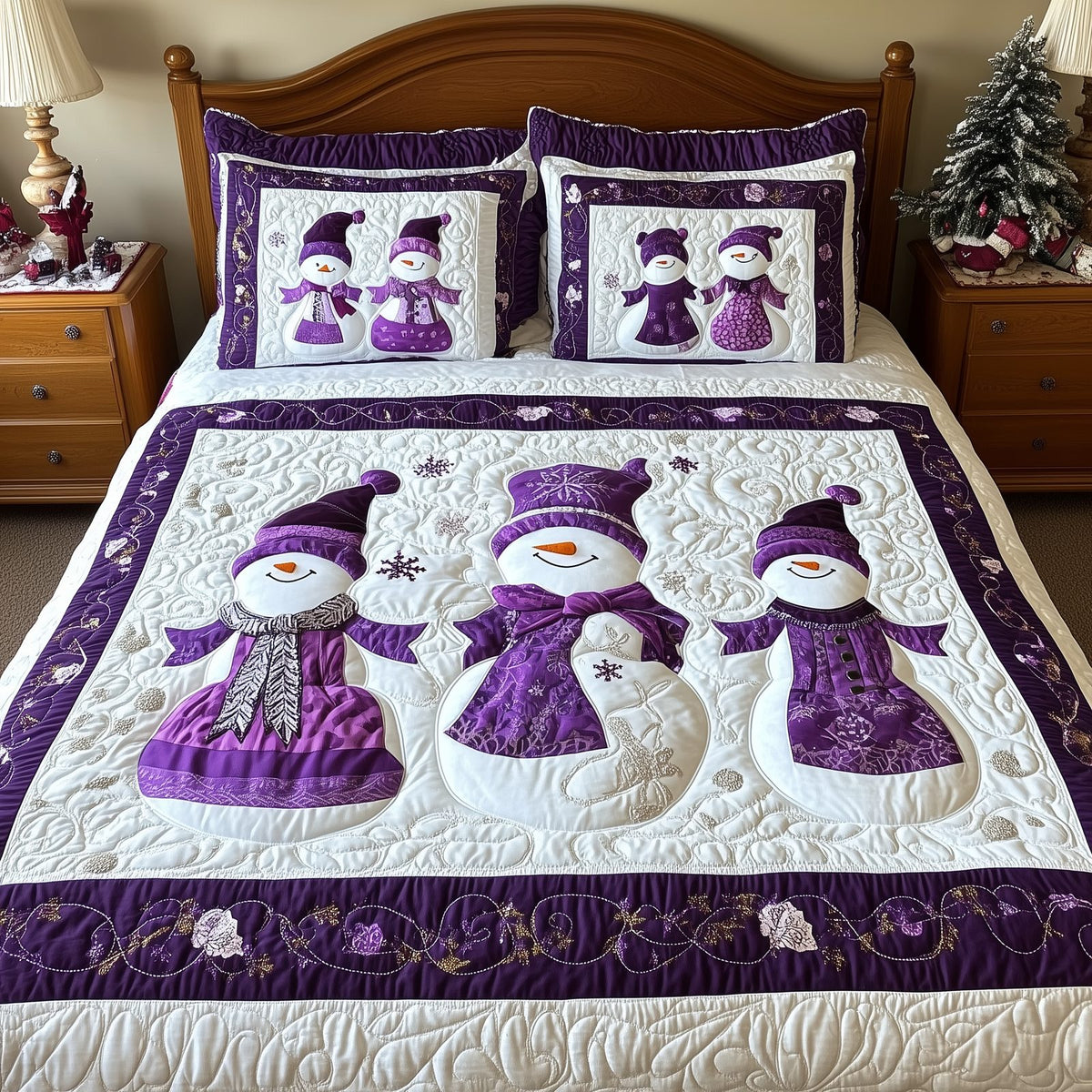 Purple Joy quilted 3-piece bedding set on a made bed with two matching pillow shams