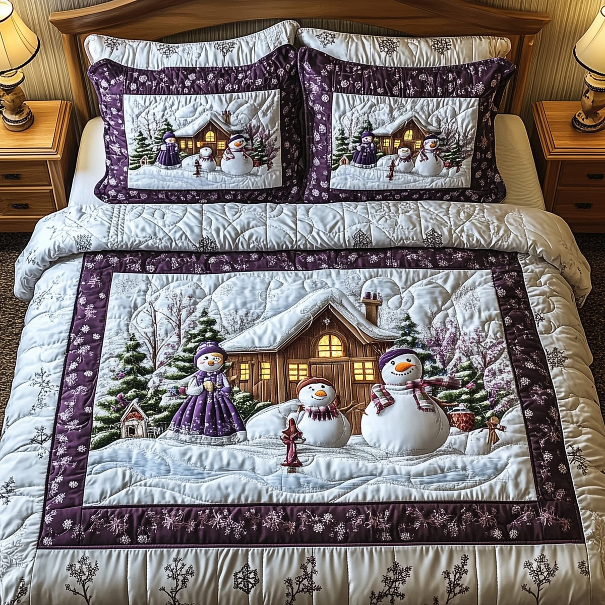 Purple Joy quilted 3-piece bedding set on a made bed with two matching pillow shams