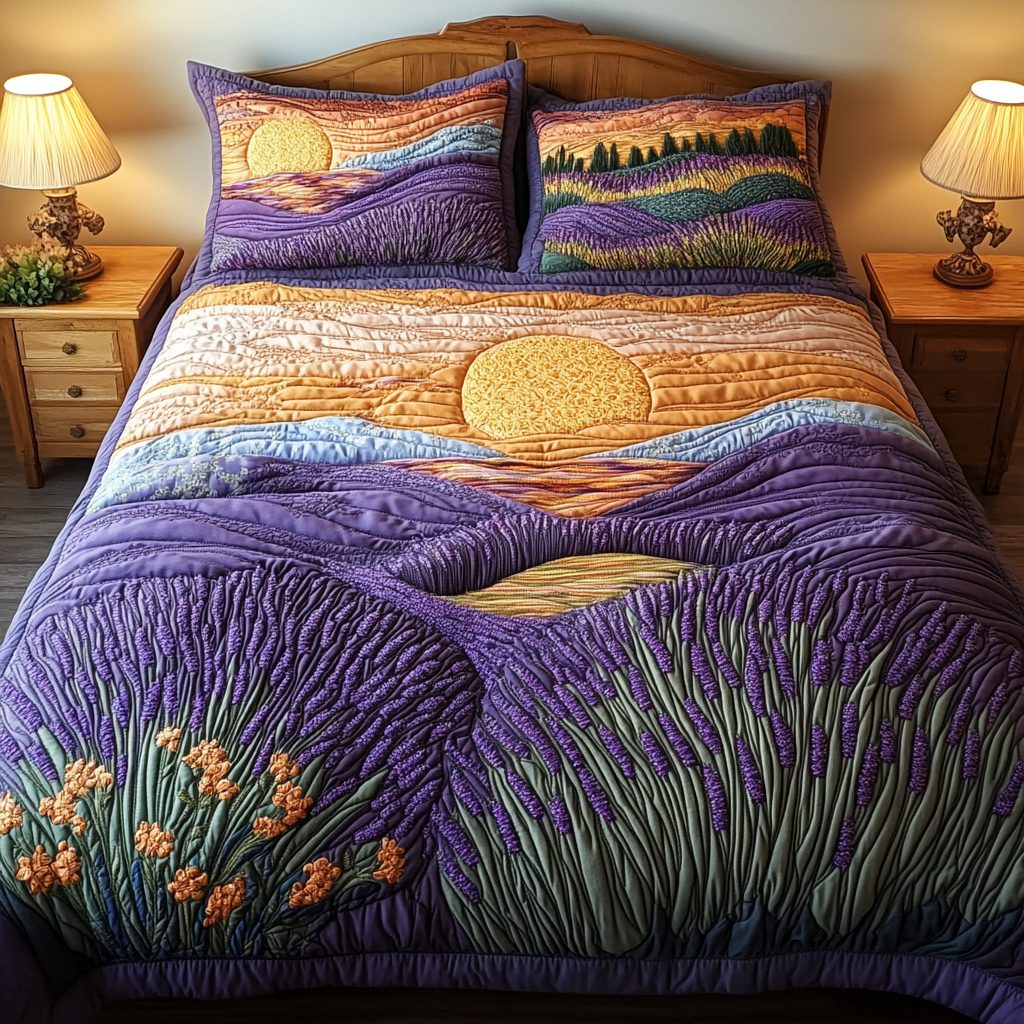 Purple Meadow quilted 3-piece bedding set on a made bed with two matching pillow shams