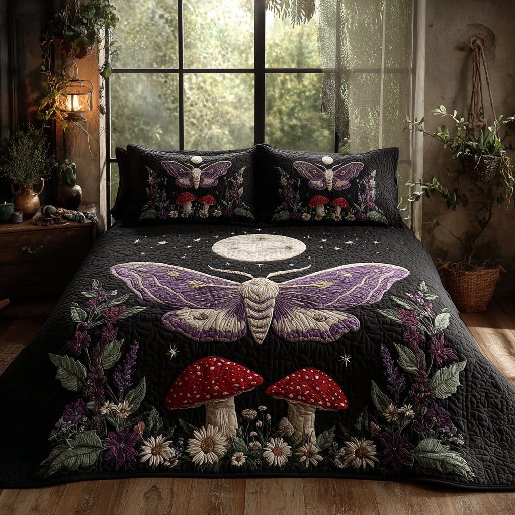 Purple Moth quilted 3-piece bedding set on a made bed with two matching pillow shams