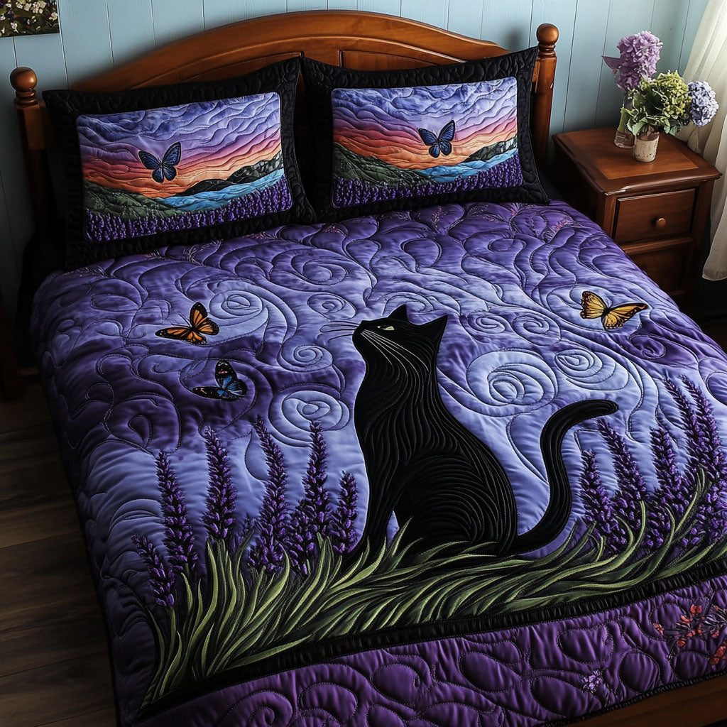 Purple Night Stalker quilted 3-piece bedding set on a made bed with two matching pillow shams