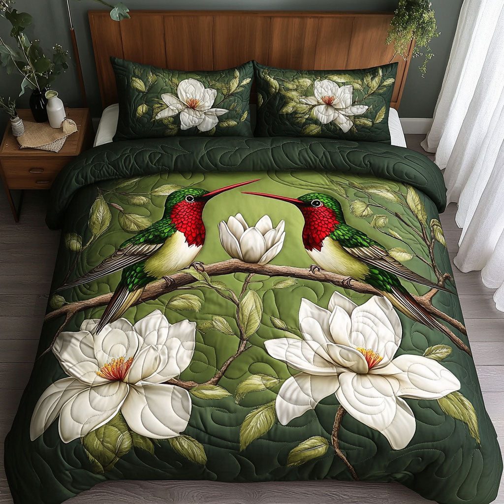 Purple Paradise quilted 3-piece bedding set on a made bed with two matching pillow shams