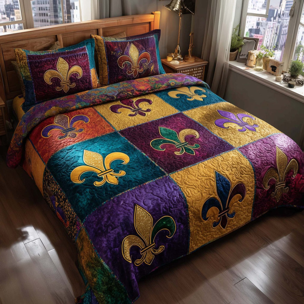 Purple Revelry quilted 3-piece bedding set on a made bed with two matching pillow shams