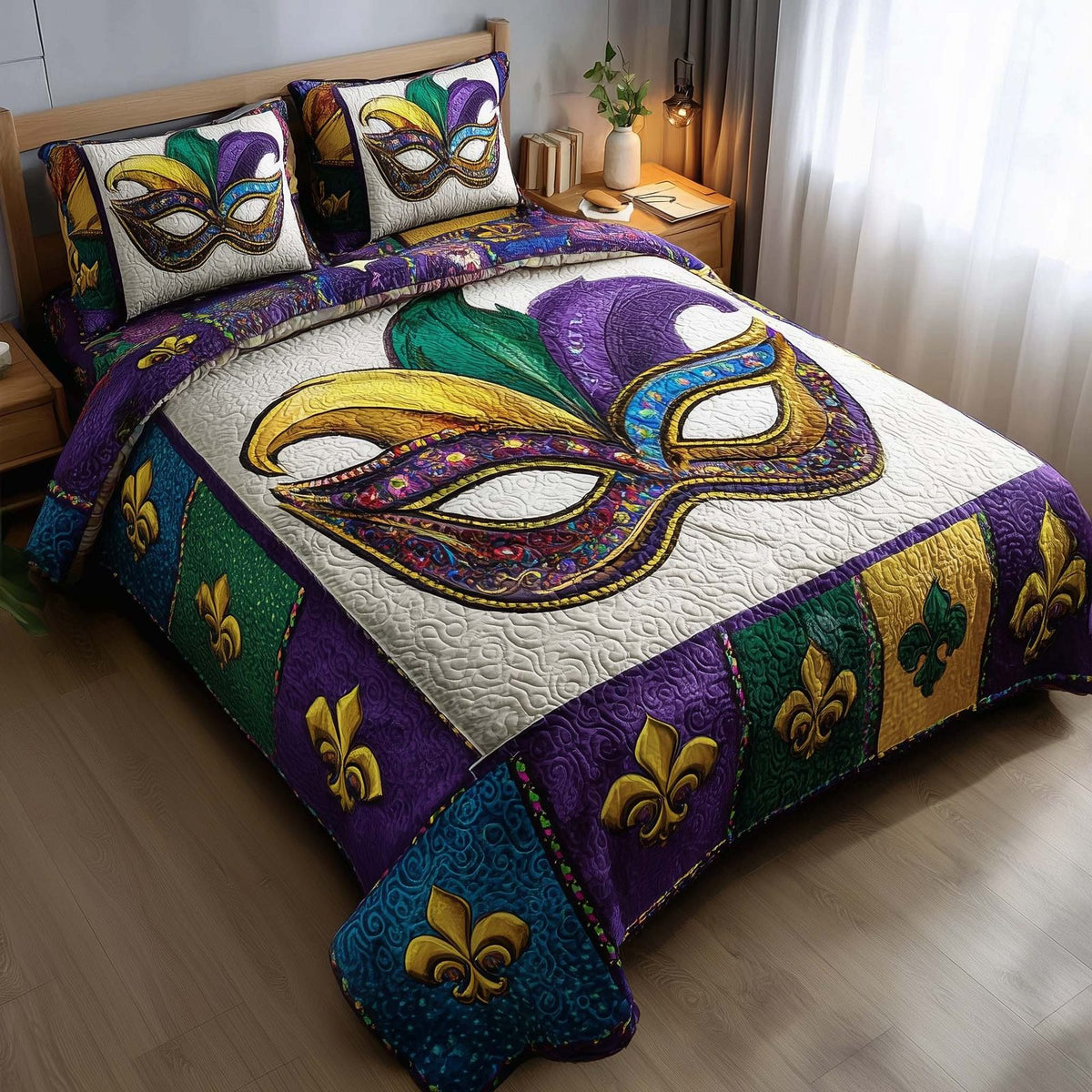 Purple Revelry quilted 3-piece bedding set on a made bed with two matching pillow shams